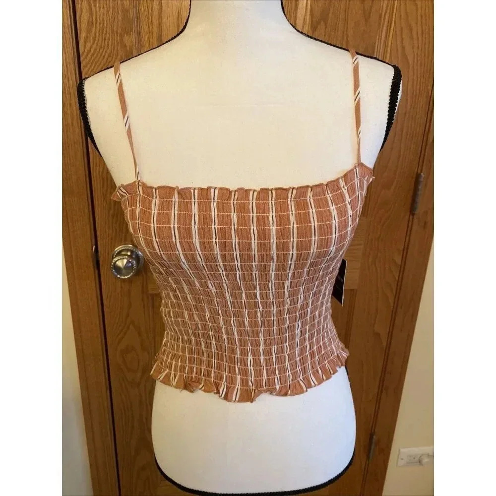 New Forever 21 Crop Top Tank Medium Smocked Gingham Stretchy Adjustable Straps